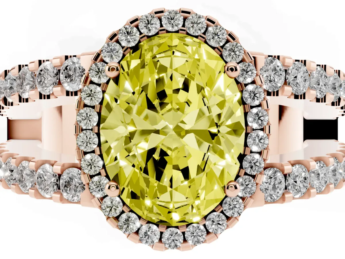 Fancy Yellow Oval Cut Cut Halo Split Shank Diamond Ring with Four-Prong Setting Rose gold