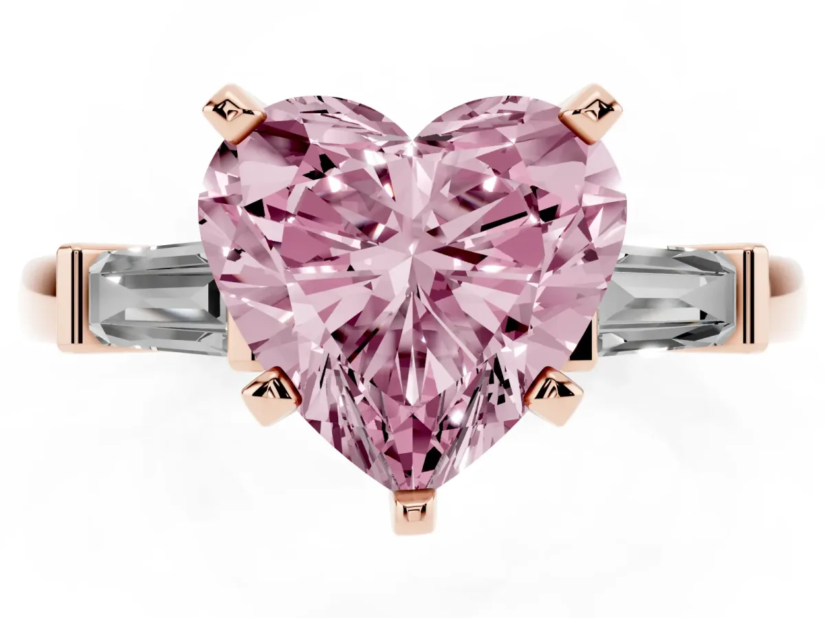 Fancy Pink Heart Cut Cut Diamond Solitaire Ring with Tapered Baguette Accents and Four-Prong Setting Rose gold