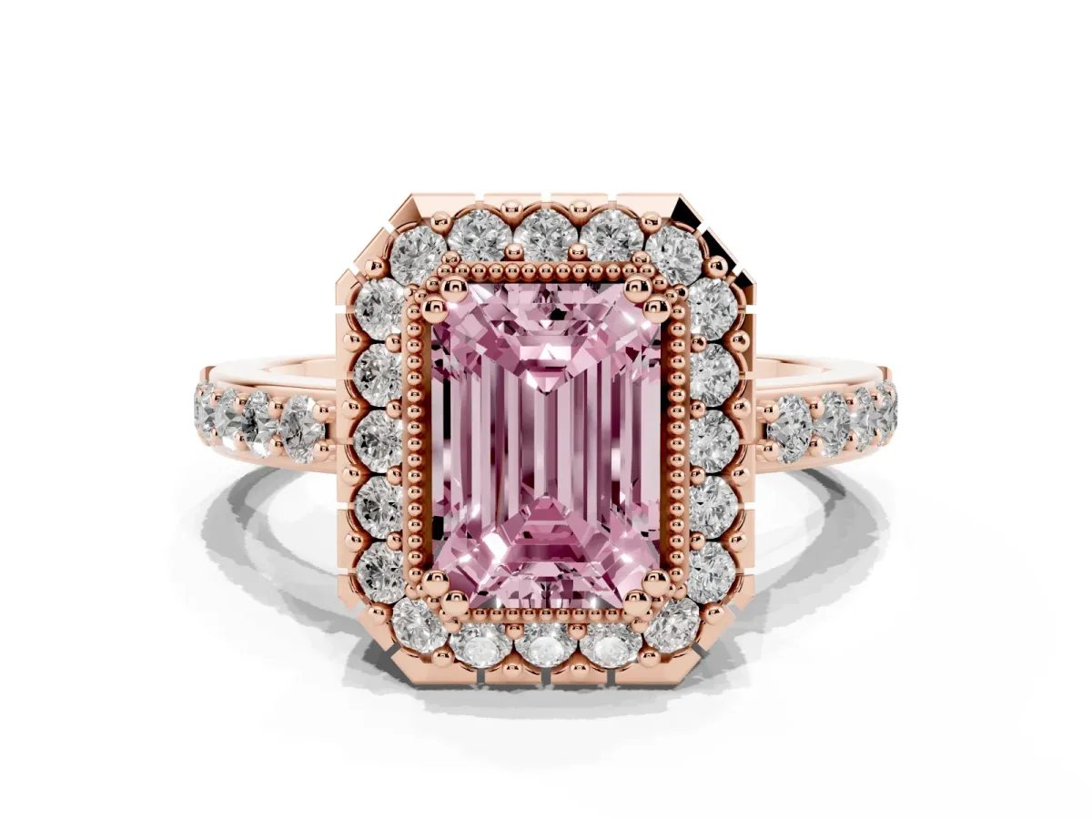 Fancy Pink Emerald Cut Diamond Halo Ring with Pavé Band and Prong Setting Rose gold