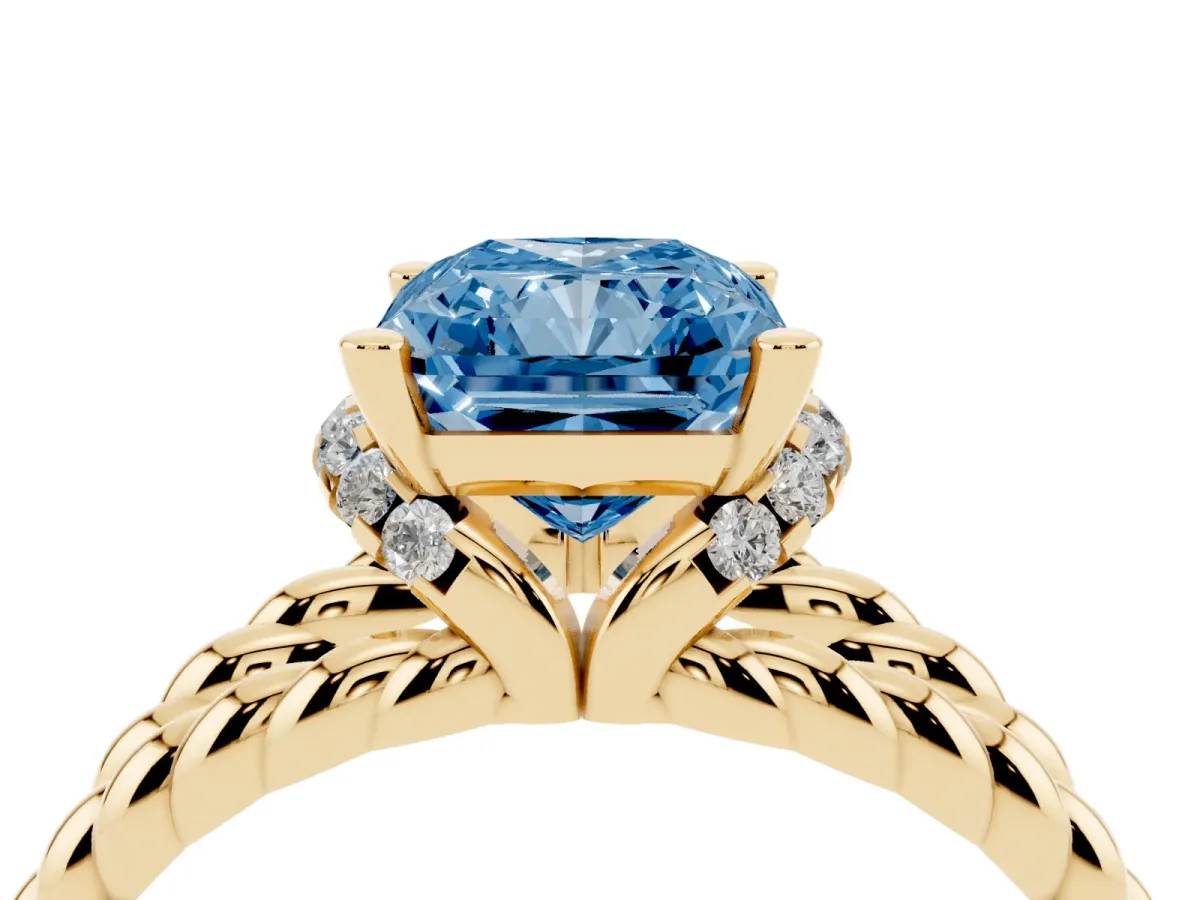 Fancy Blue Radiant Cut Halo Twisted Band Four-Prong Ring Yellow gold