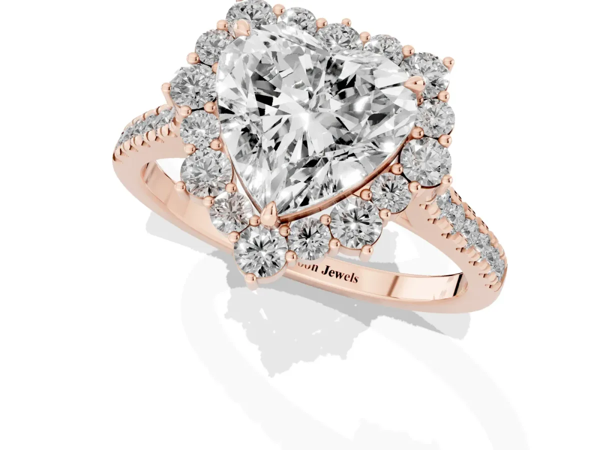 Heart Cut Halo Diamond Ring with Pavé Band and Prong Setting Rose gold