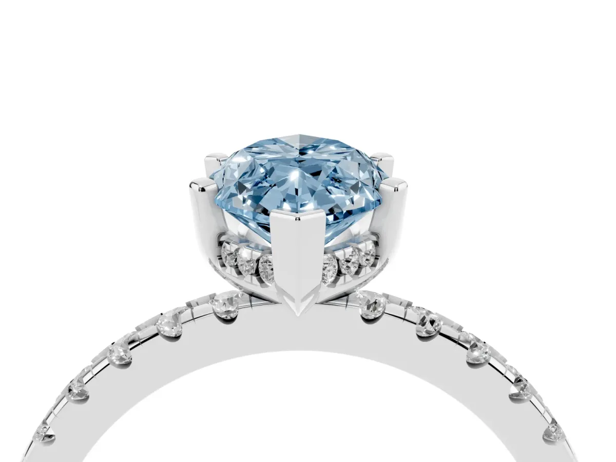 Fancy Blue Marquise Cut Diamond Solitaire Ring with Round Pavé Band and Four-Prong Setting Platinum