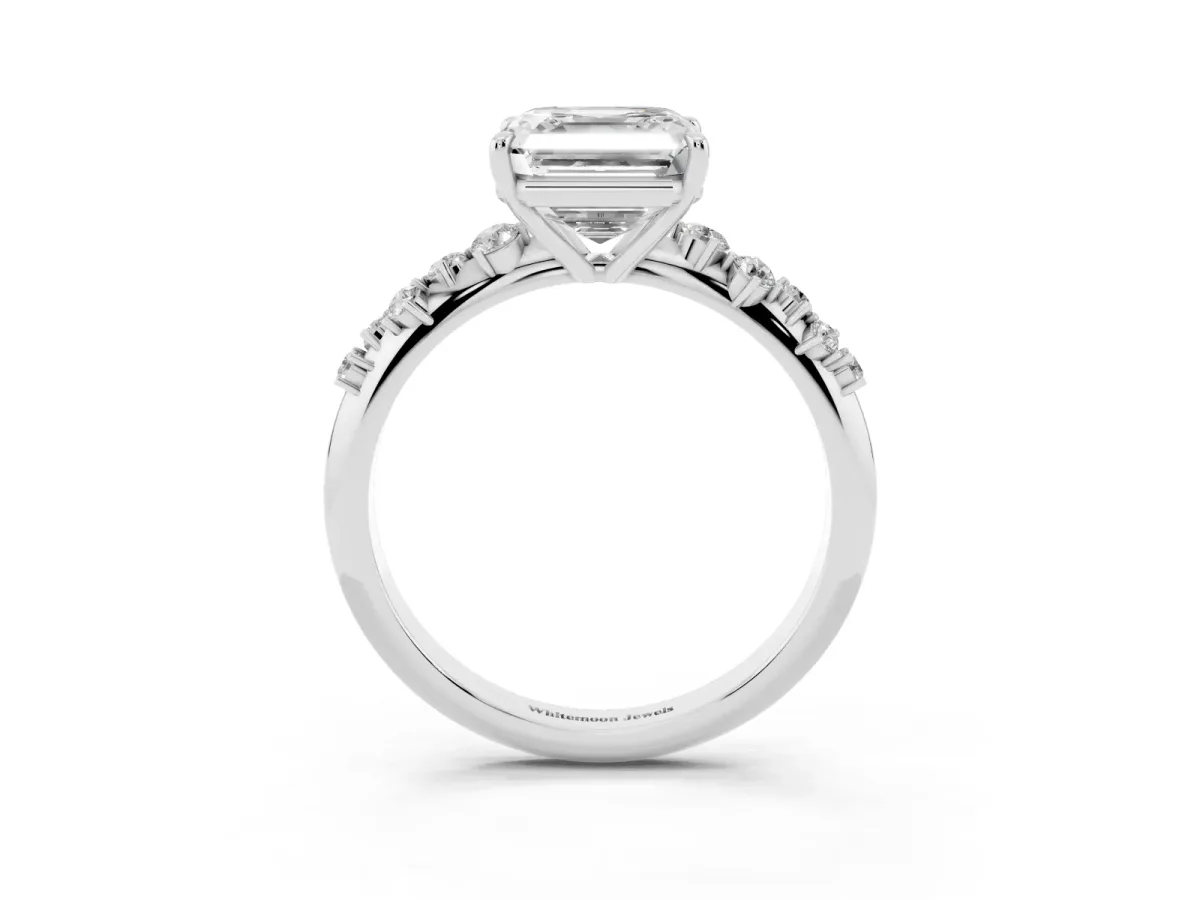 Asscher Cut Diamond Cluster Side Stone Solitaire Ring with Prong Setting Platinum