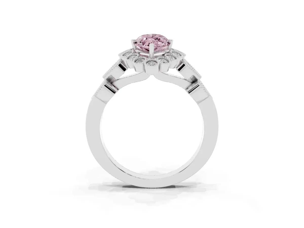Fancy Pink Marquise Cut Brilliant Milgrain Pave Heart Band Solitaire Ring Silver