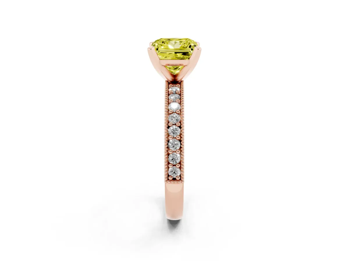 Fancy Yellow Princess Cut Diamond Milgrain Pavé Engagement Ring with Four-Prong Setting Rose gold