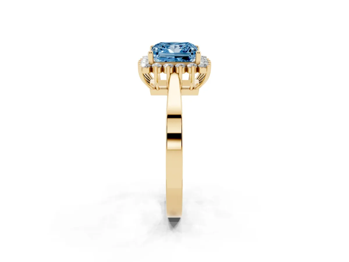 Fancy Blue Princess Cut Cut Diamond Halo Ring with Round Brilliant Halo and Solitaire Band Yellow gold
