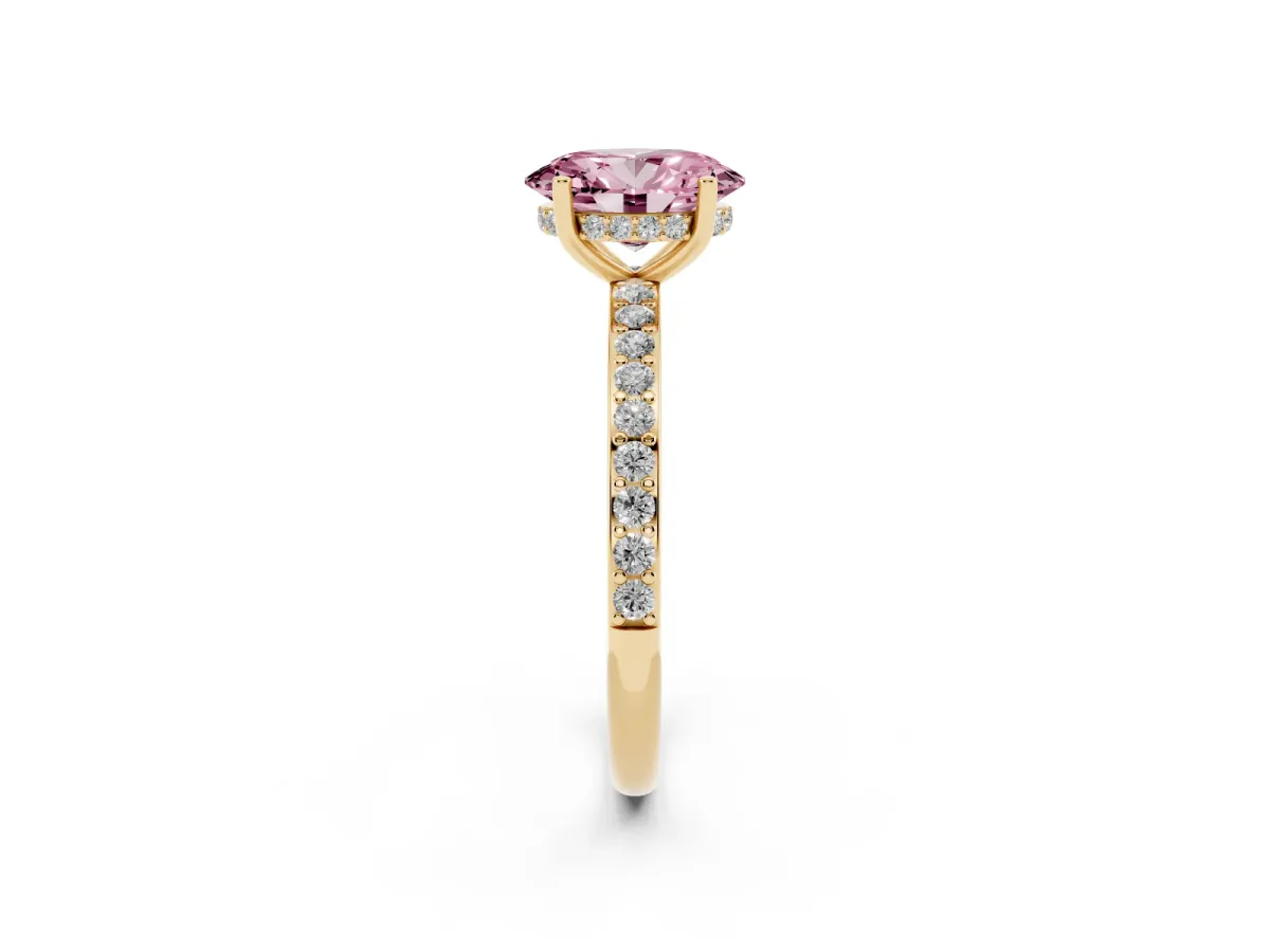 Fancy Pink Oval Cut Cut Diamond Pavé Band Ring with Four-Prong Setting Yellow gold