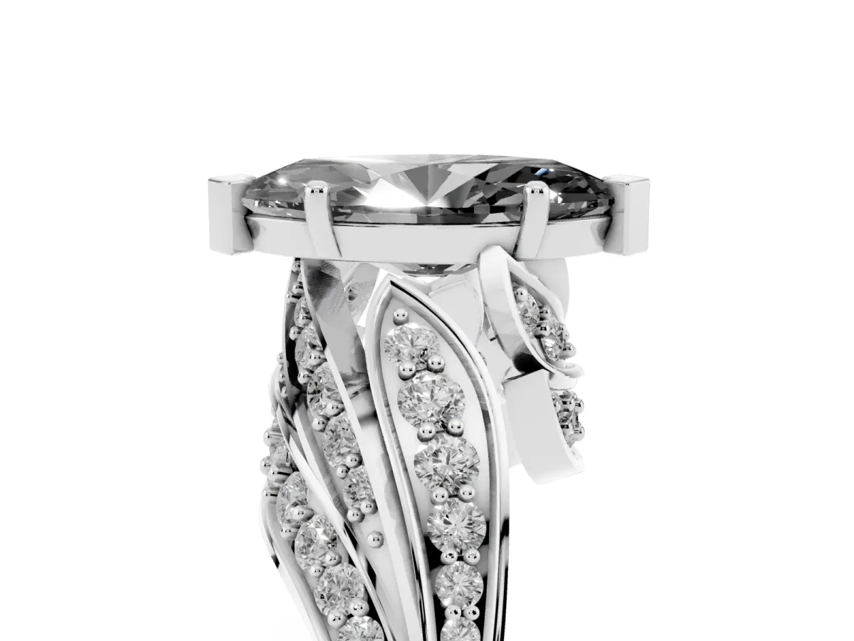 Fancy Black Marquise Cut Diamond Solitaire Ring with Prong Setting and Twisted Pavé Band Silver