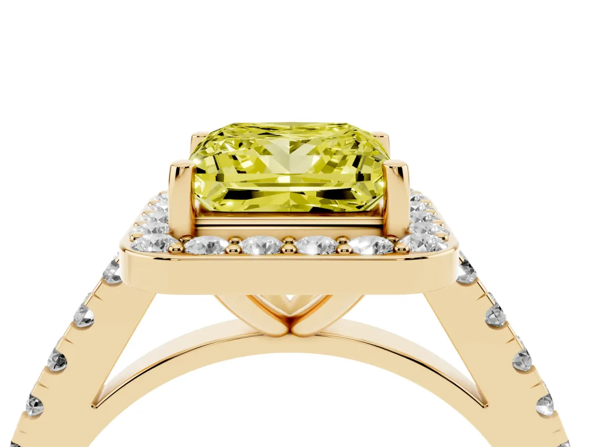 Fancy Yellow Princess Cut Diamond Halo Ring with Round Pavé Split Shank and Prong Setting Yellow gold