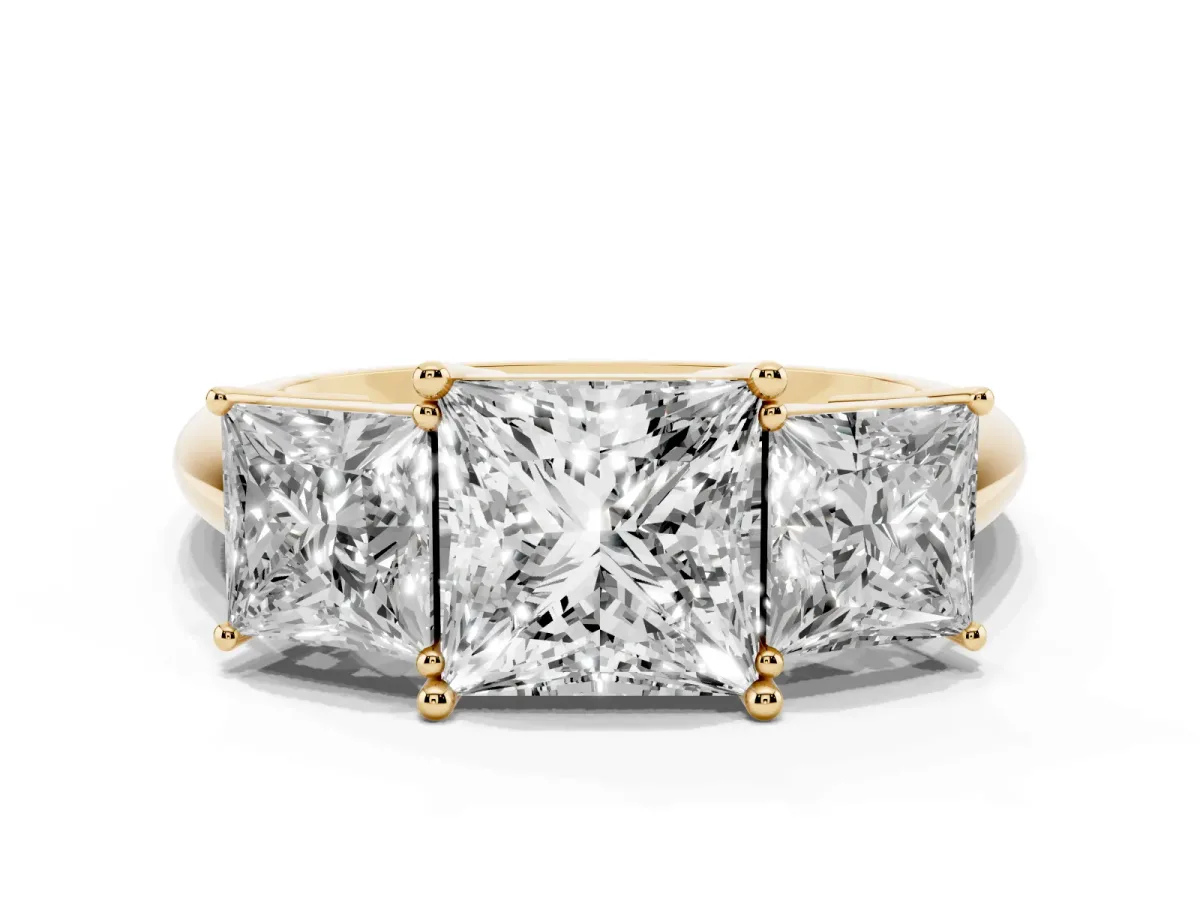 Three-Stone Princess Cut Cut Diamond Engagement Ring with Prong Setting on a White Gold Band Yellow gold