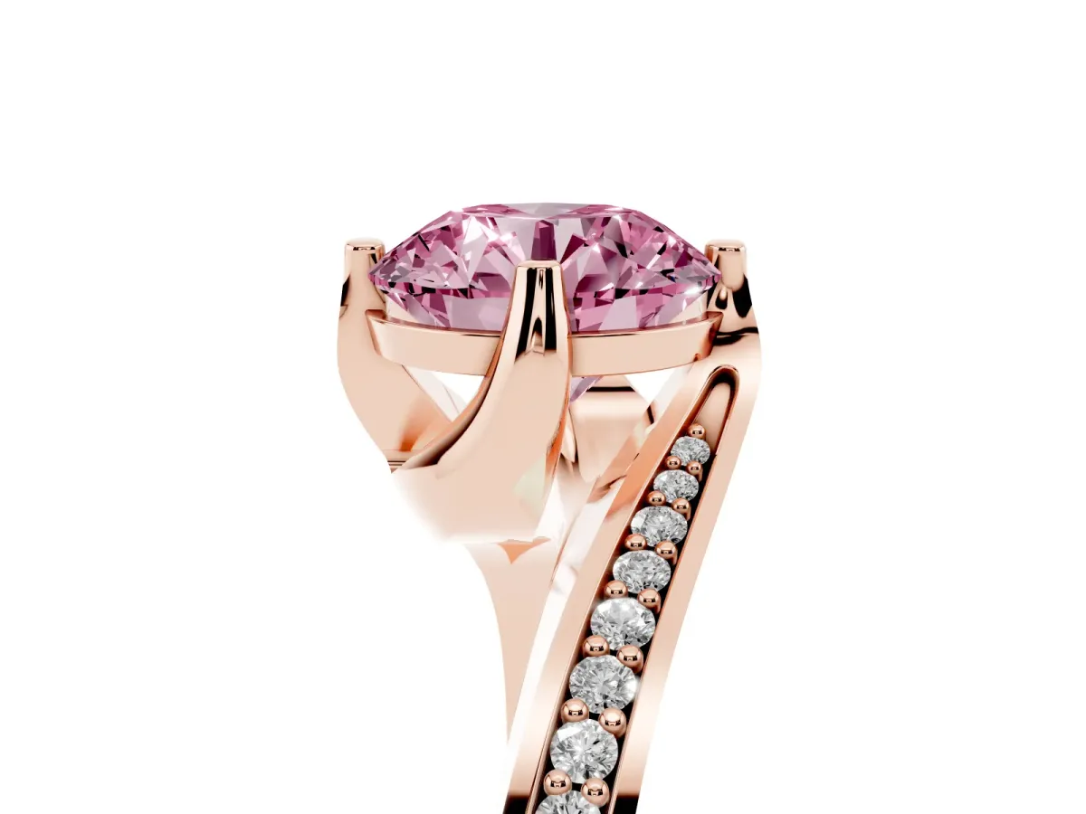 Fancy Pink Round Cut Solitaire Diamond Twist Band with Pavé Setting and Four-Prong Setting Rose gold