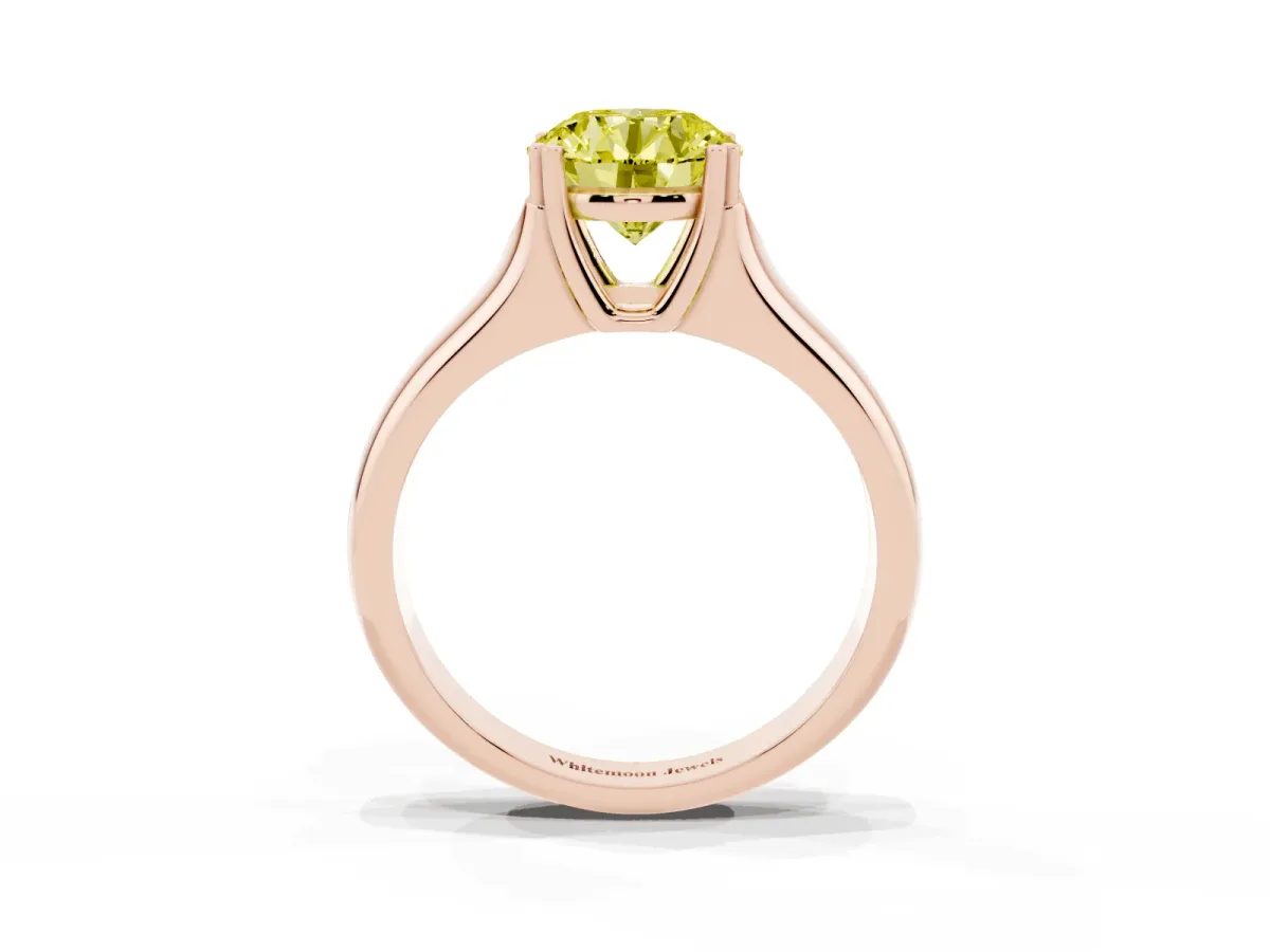 Fancy Yellow Round Cut Diamond Solitaire Ring with Wide Band and Prong Setting Rose gold