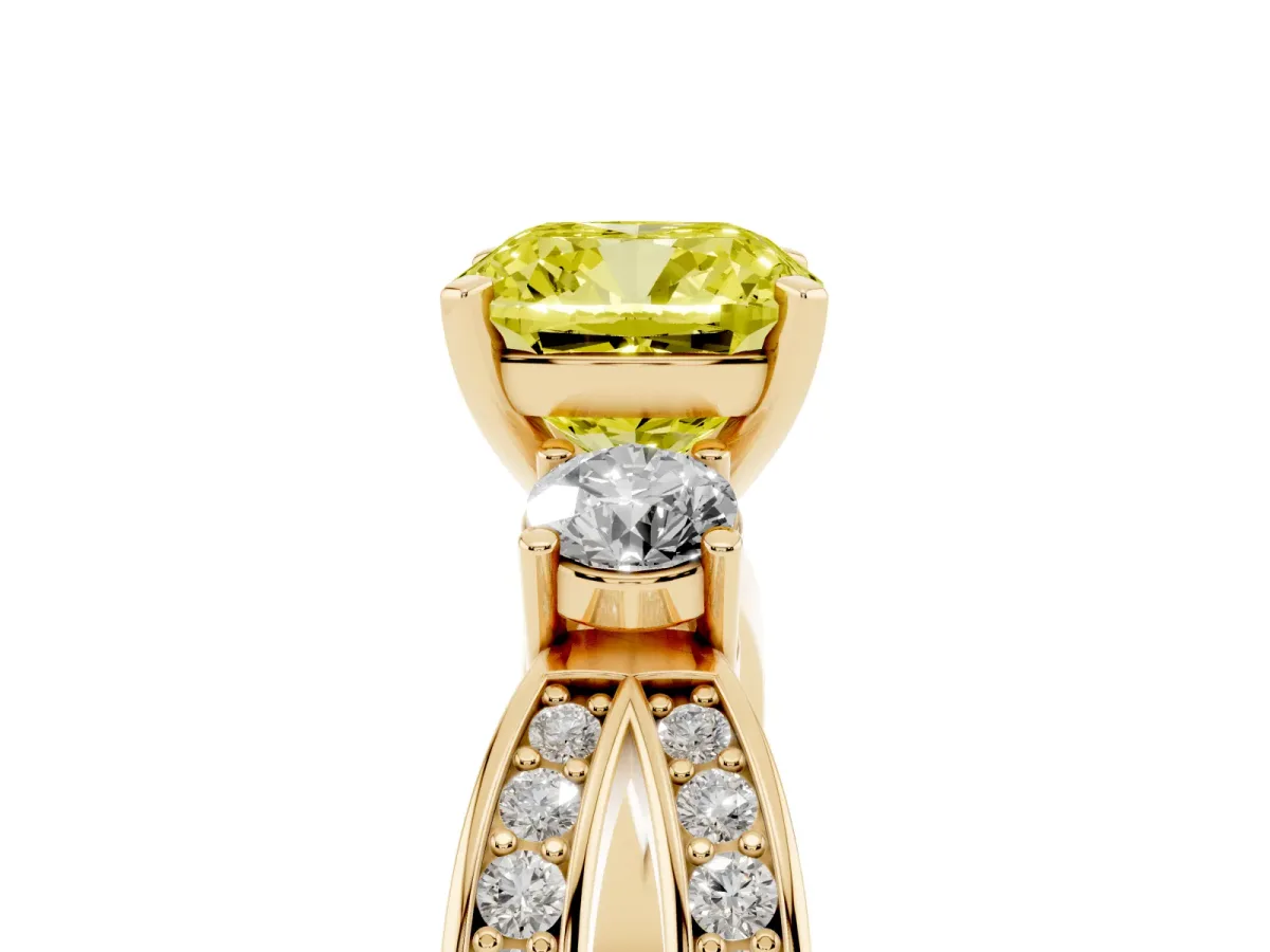 Fancy Yellow Three-Stone Cushion Cut Cut Diamond Twist Band with Prong Setting Yellow gold