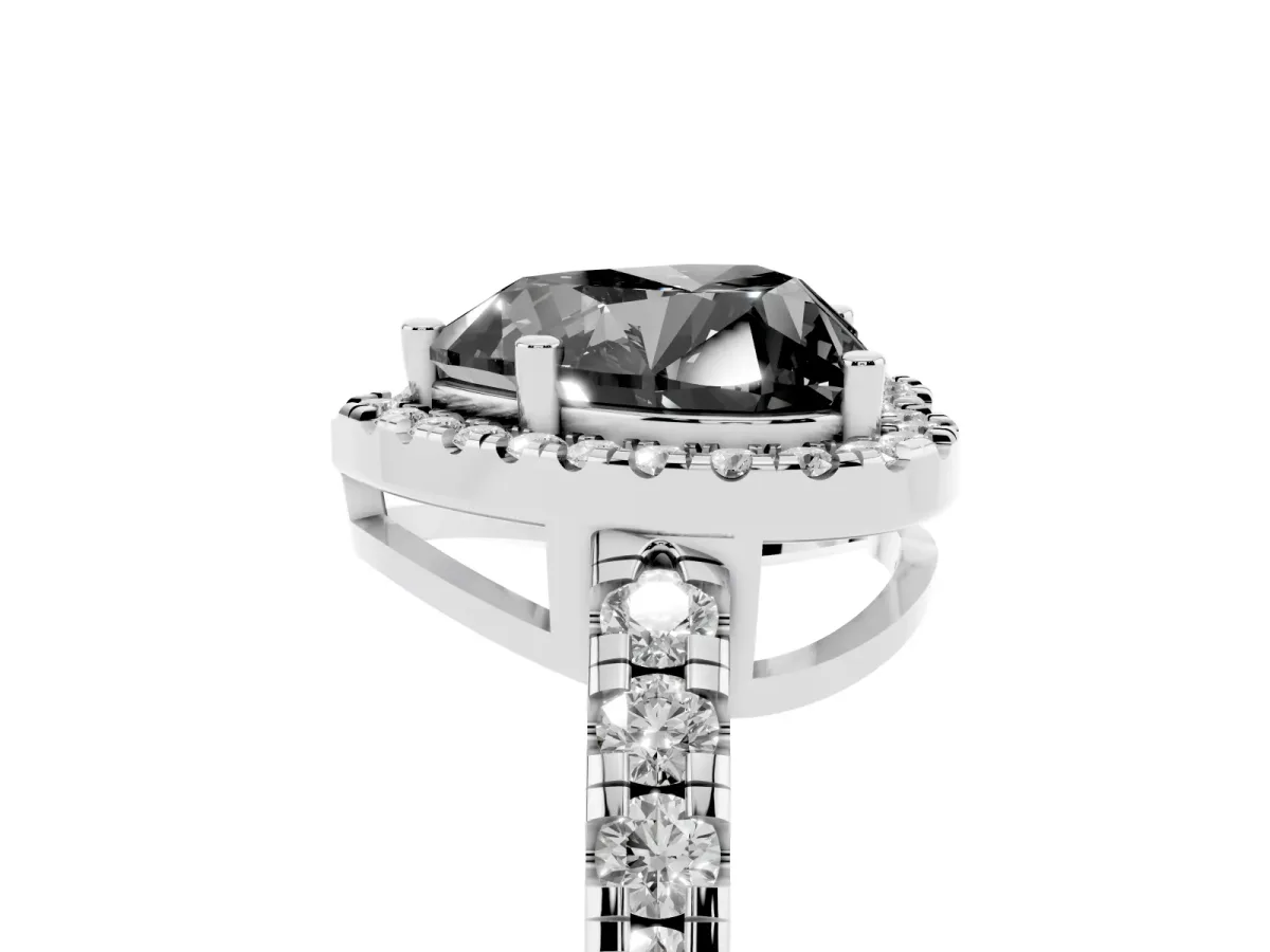 Fancy Black Heart Cut Diamond Halo Ring with Pavé Band and Four-Prong Setting White gold