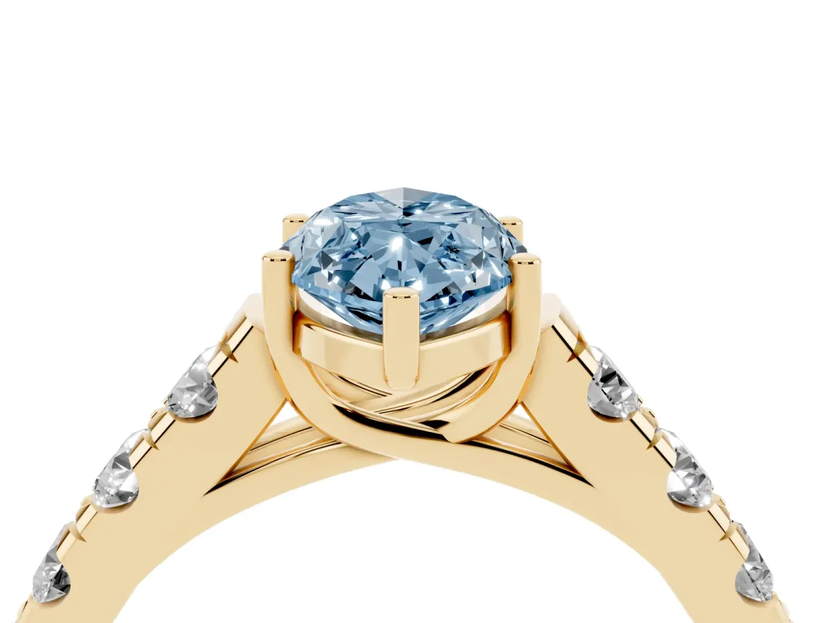 Fancy Blue Marquise Cut Cut Diamond Solitaire Ring with Micro Pave Band and Prong Setting Yellow gold