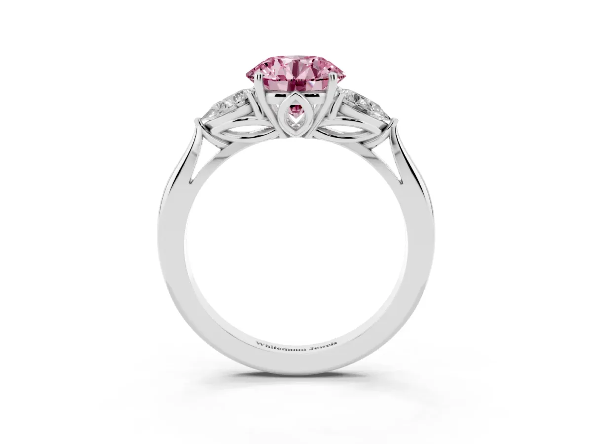 Fancy Pink Round Cut Diamond Three-Stone Ring with Pear Side Stones and Prong Setting Silver