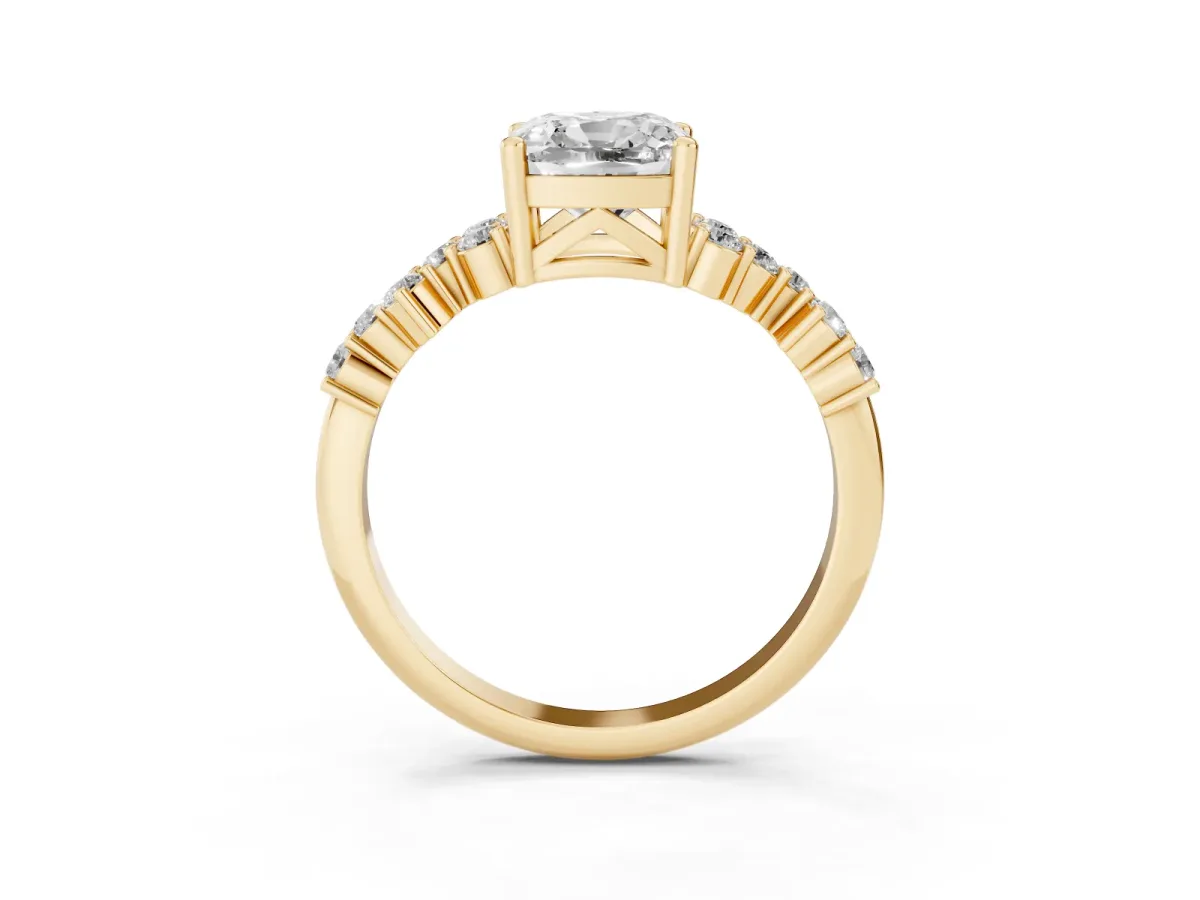 Cushion Cut Diamond Scattered Round Accent Ring with Prong Setting Yellow gold