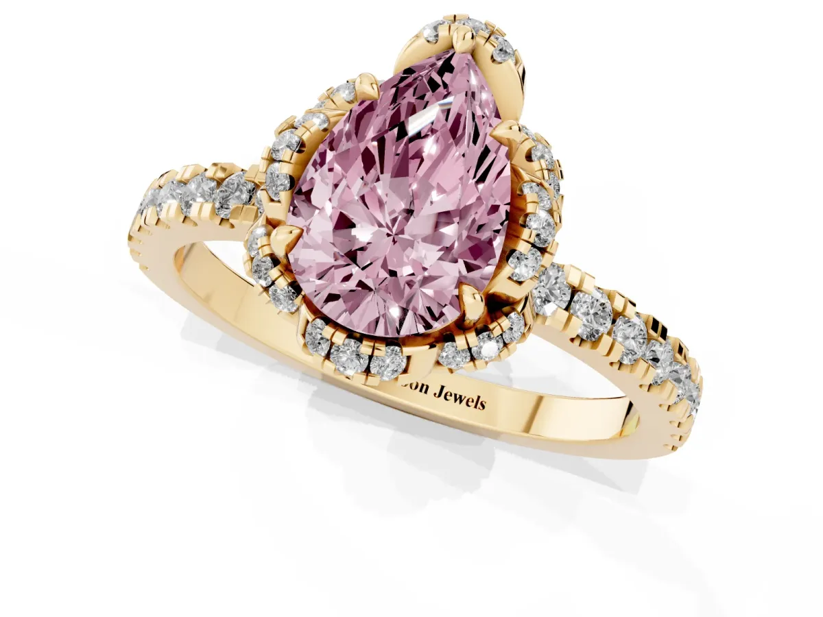 Fancy Pink Pear Cut Diamond Halo Pave Band with Four-Prong Setting Yellow gold