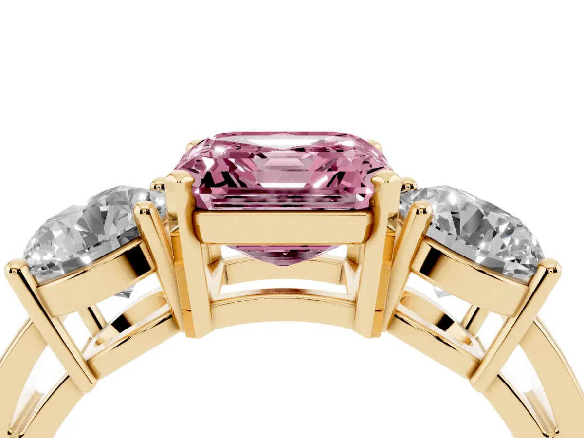 Fancy Pink Three-Stone Asscher Cut Diamond Ring with Round Side Stones, Classic Band, and Four-Prong Setting Yellow gold