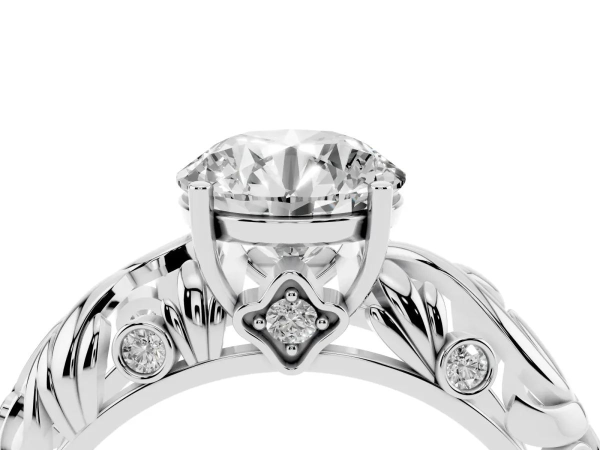 Round Cut Solitaire Diamond Leaf-Inspired Vine Band Ring with Prong Setting Platinum