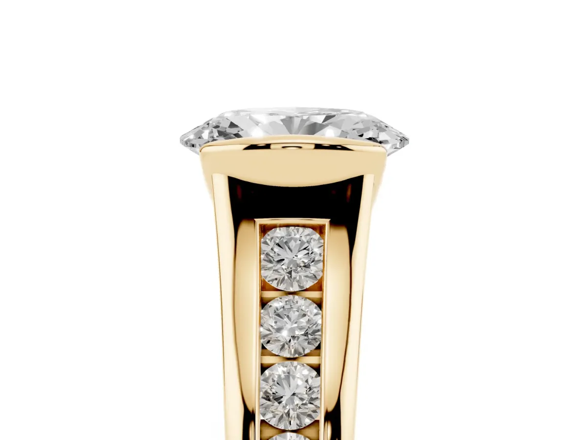 Oval Cut Solitaire Bezel-Set Diamond Ring with Channel-Set Band Yellow gold