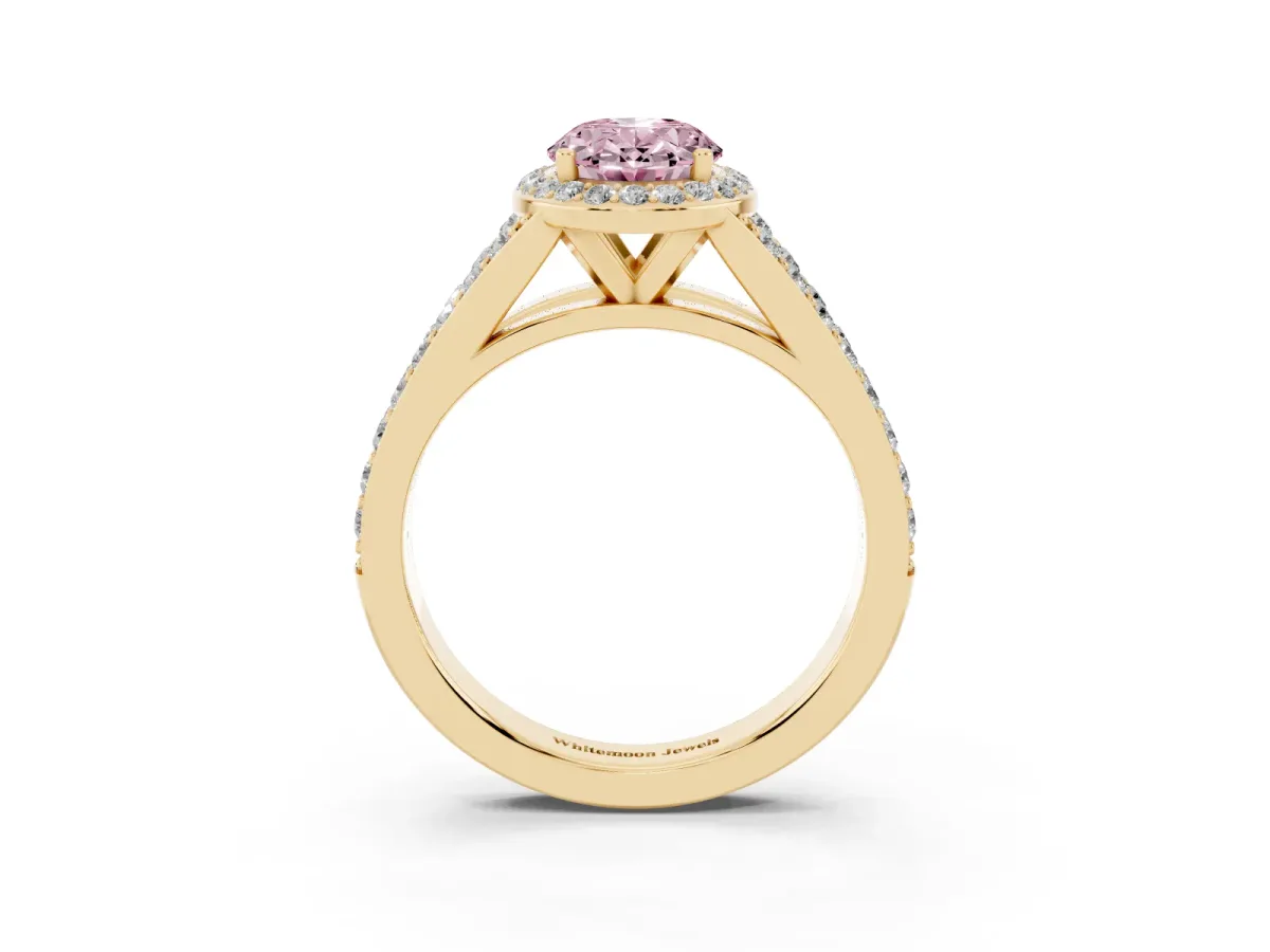 Fancy Pink Oval Cut Diamond Split Shank Halo Ring with Four-Prong Setting Yellow gold