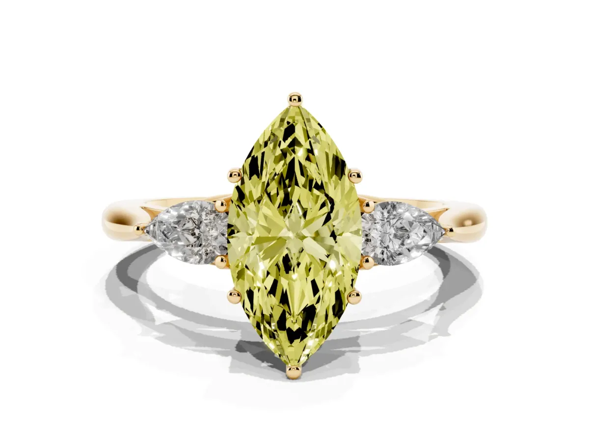 Fancy Yellow Three-Stone Marquise Cut Diamond Ring with Pear Side Stones in Four-Prong Setting Yellow gold