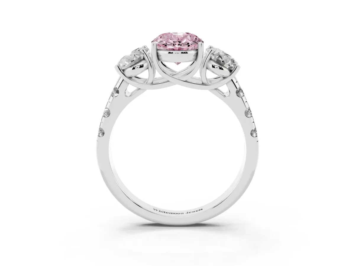 Fancy Pink Three-Stone Oval Cut Diamond Pavé Band with Prong Setting Platinum