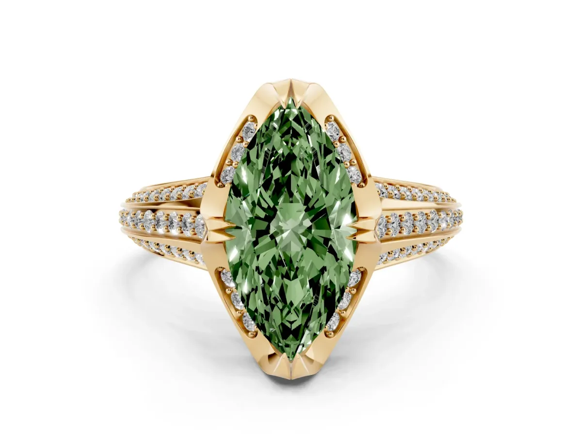 Fancy Green Marquise Cut Solitaire Pave Split Shank Ring with Four-Prong Setting Yellow gold