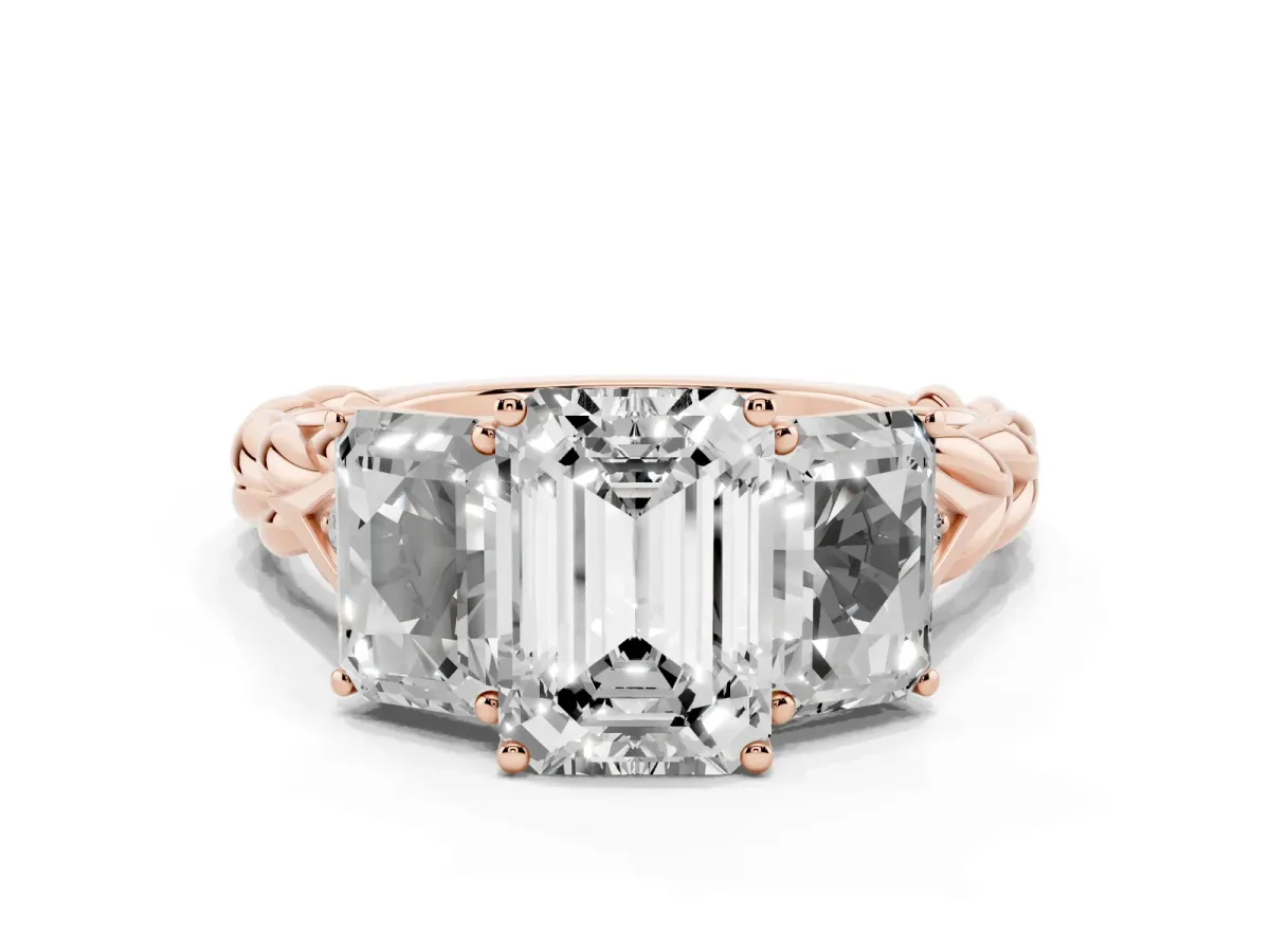 Three-Stone Emerald Cut Diamond Braided Band Ring with Four-Prong Setting Rose gold