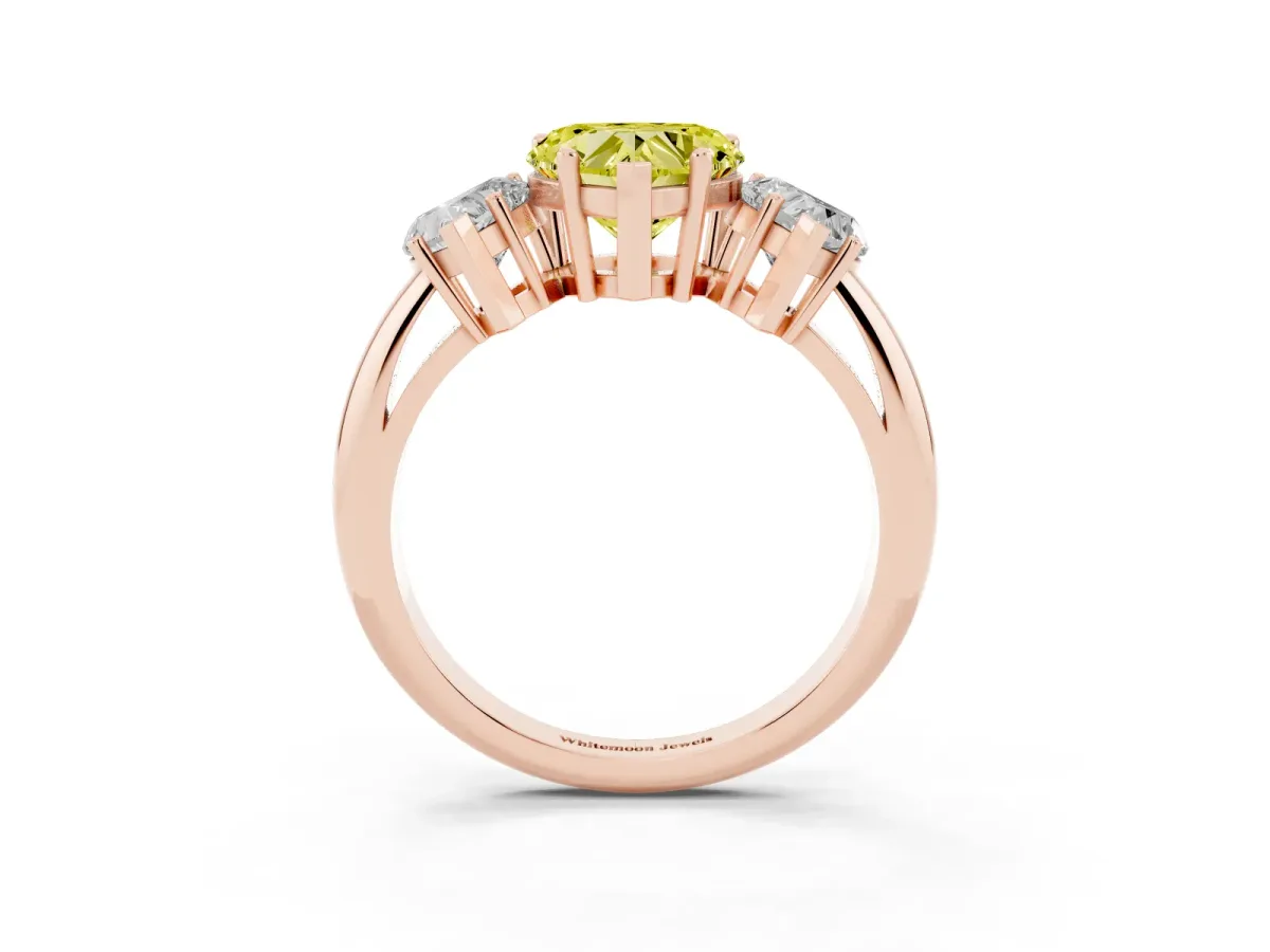 Fancy Yellow Three-Stone Heart Cut Cut Diamond Engagement Ring with Prong Setting on a White Gold Band Rose gold