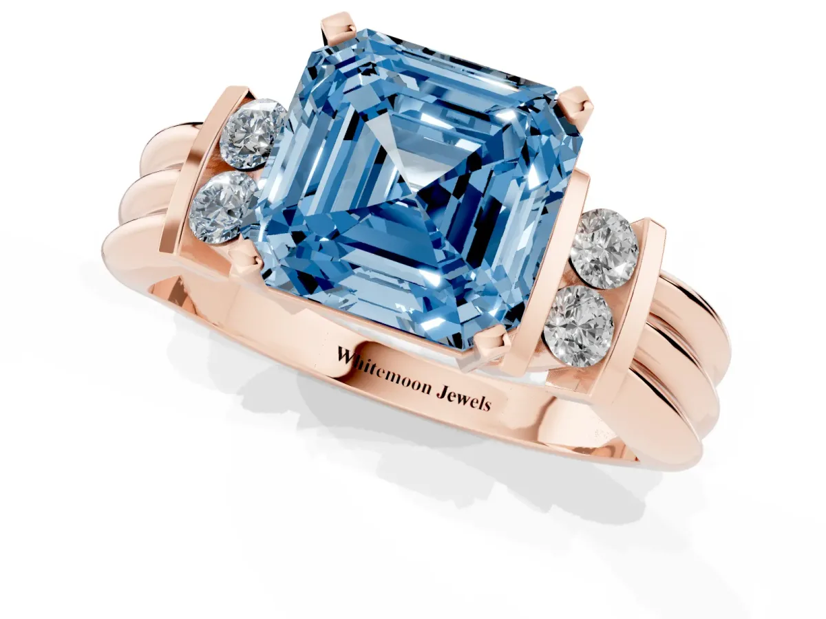 Fancy Blue Asscher Cut Cut Three-Stone Channel Set Ring with Bar Prongs Rose gold