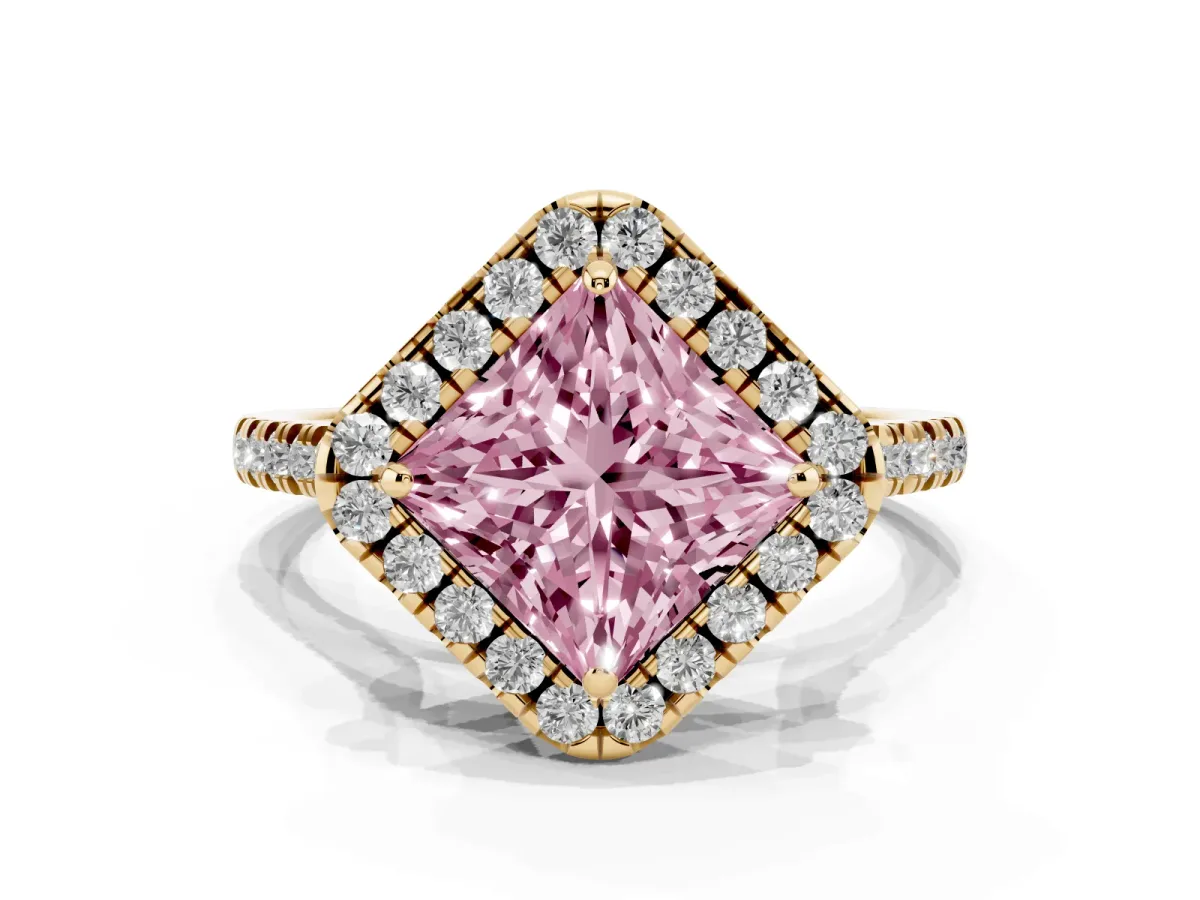 Fancy Pink Princess Cut Diamond Cushion Halo Ring with Pavé Band Yellow gold