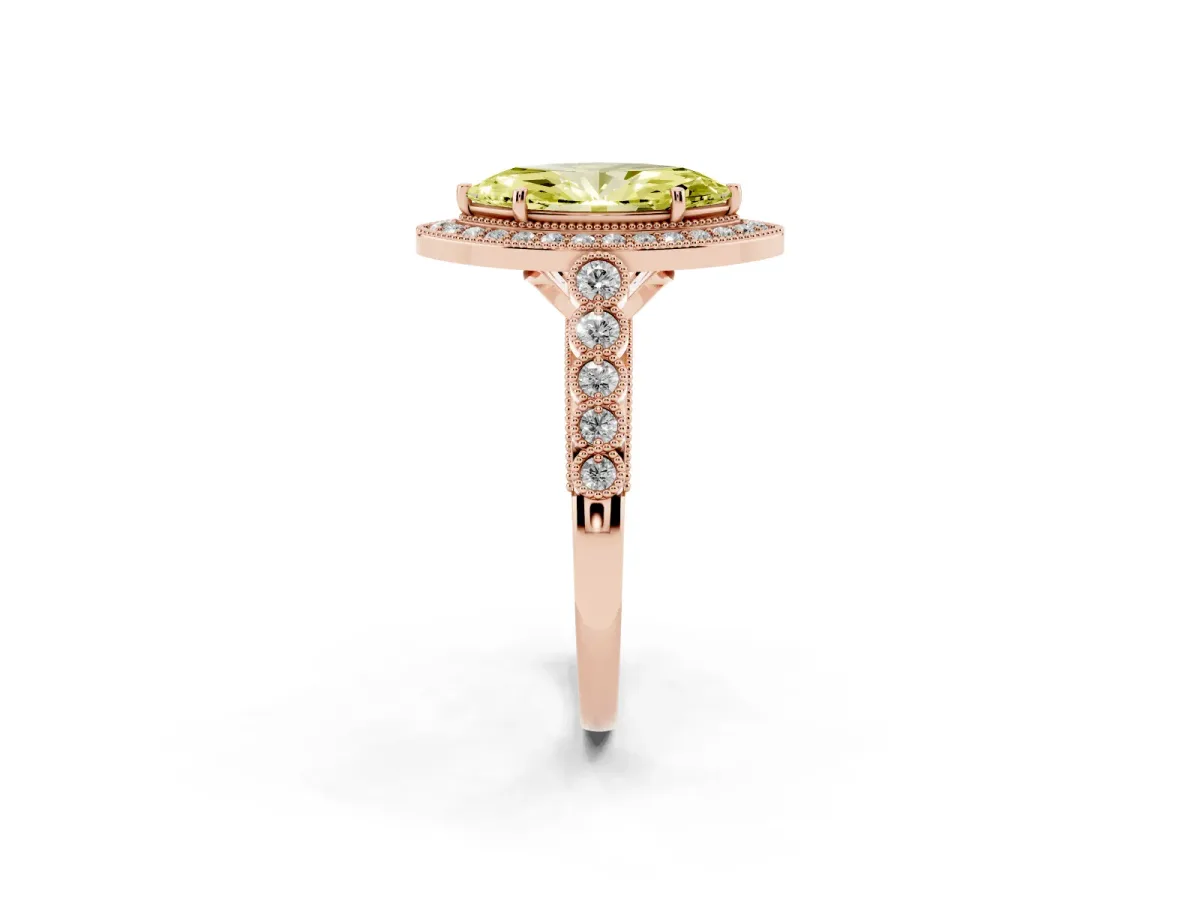Fancy Yellow Marquise Cut Halo Milgrain Solitaire with Bezel Set Side Stones and Pave Band Rose gold