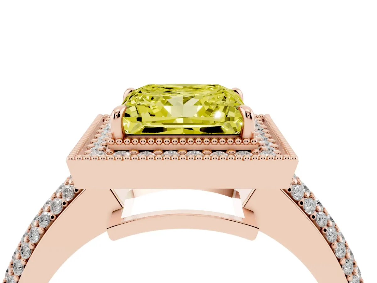 Fancy Yellow Princess Cut Cut Halo Diamond Pave Band with Four-Prong Setting Rose gold