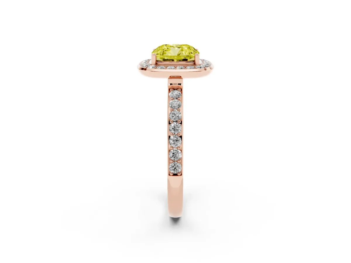 Fancy Yellow Cushion Cut Diamond Halo Ring with Bezel Frame and Pavé Band Rose gold