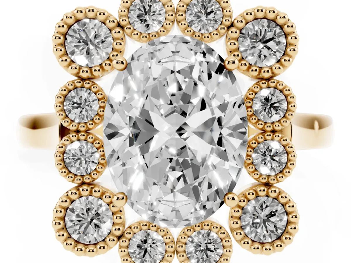Oval Cut Halo Diamond Cluster Engagement Ring with Milgrain Bezel Setting and Solitaire Band Yellow gold