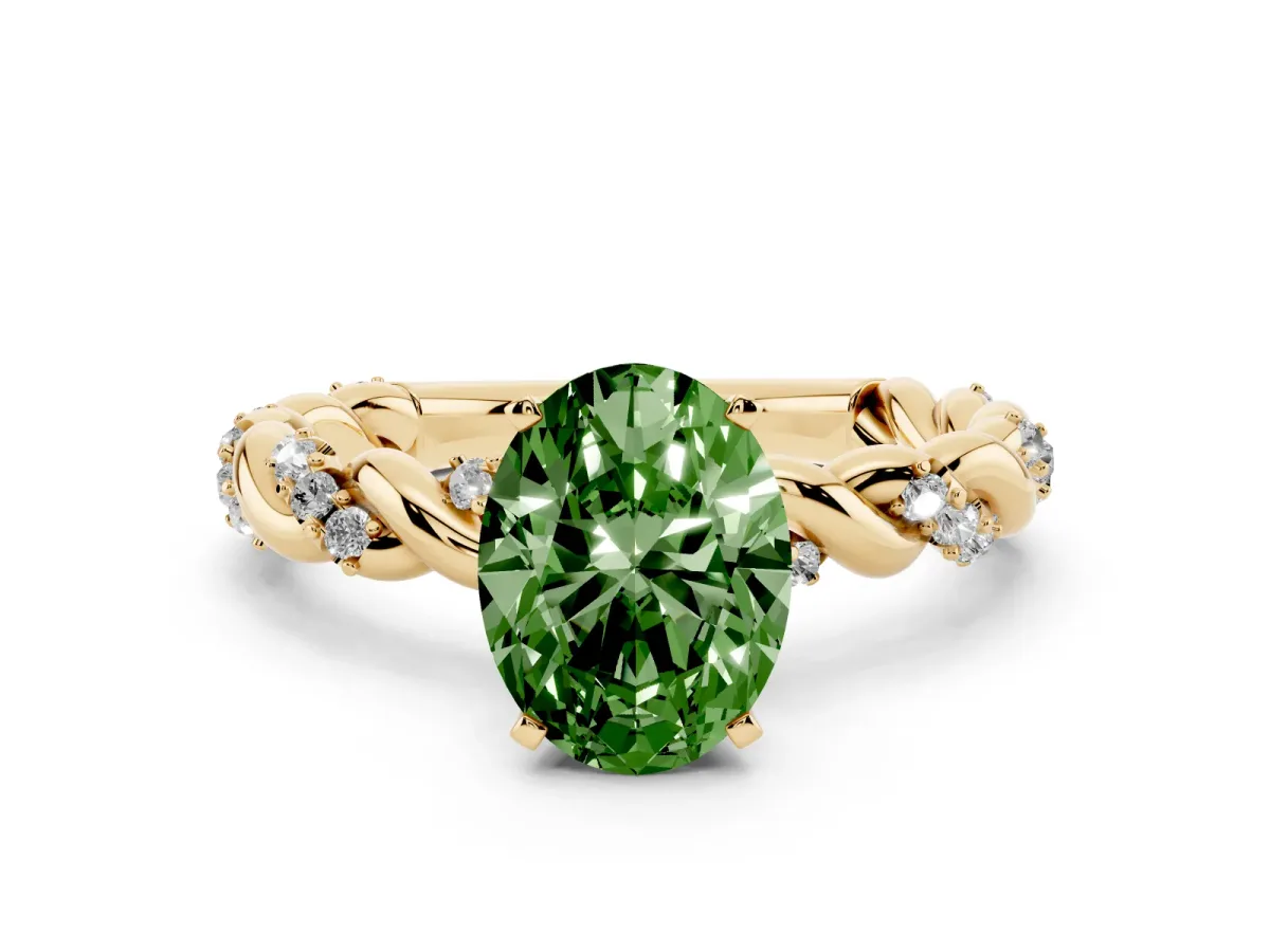 Fancy Green Oval Cut Diamond Solitaire Ring with Twisted Band and Pavé Accents Yellow gold