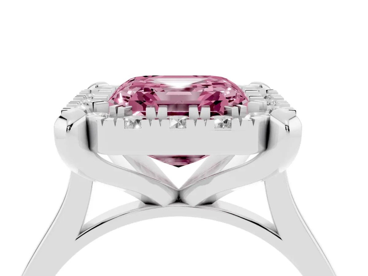 Fancy Pink Asscher Cut Diamond Cluster Halo Solitaire with Four-Prong Setting Platinum