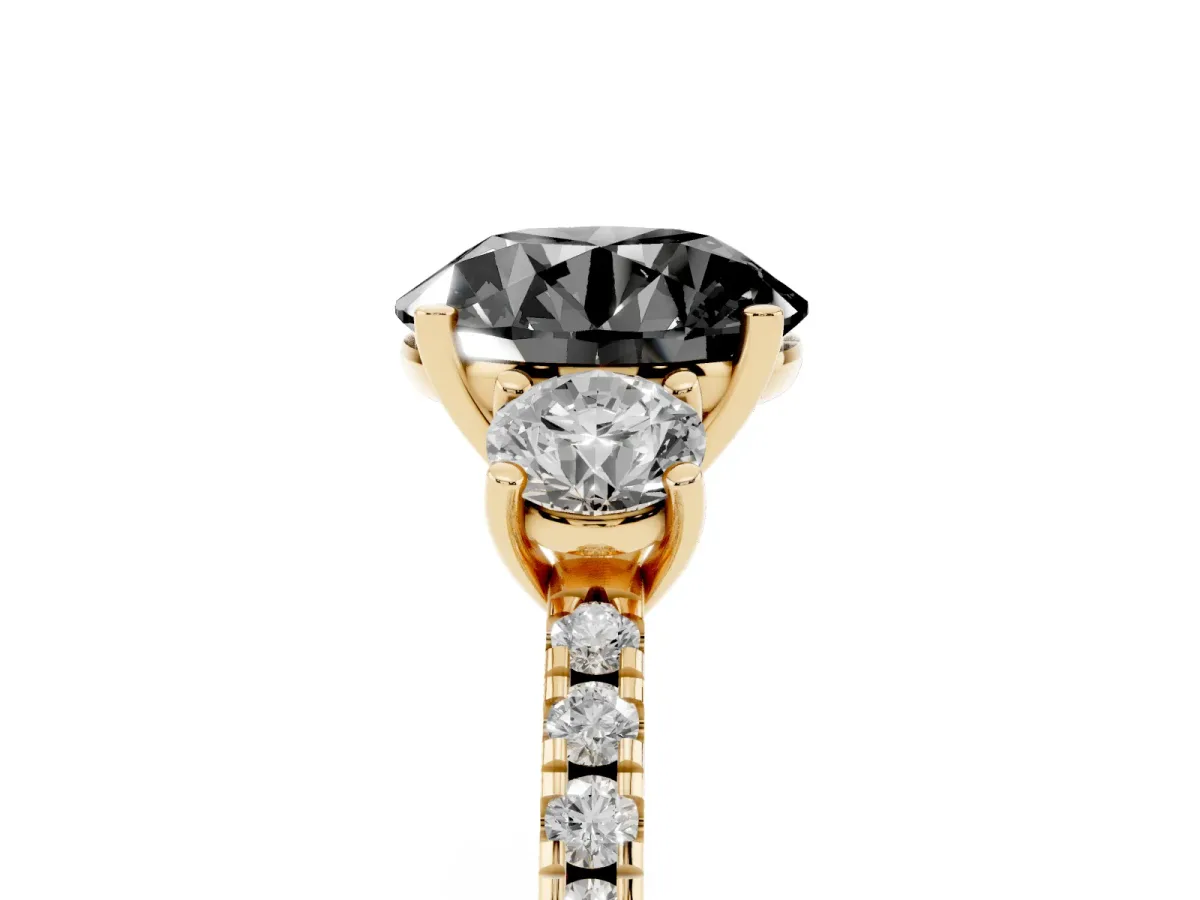 Fancy Black Three-Stone Round Cut Cut Diamond Pavé Band with Prong Setting Yellow gold