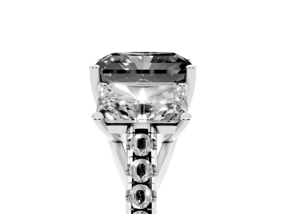 Fancy Black Three-Stone Radiant Cut Diamond Ring with Round Pavé Band and Prong Setting Silver