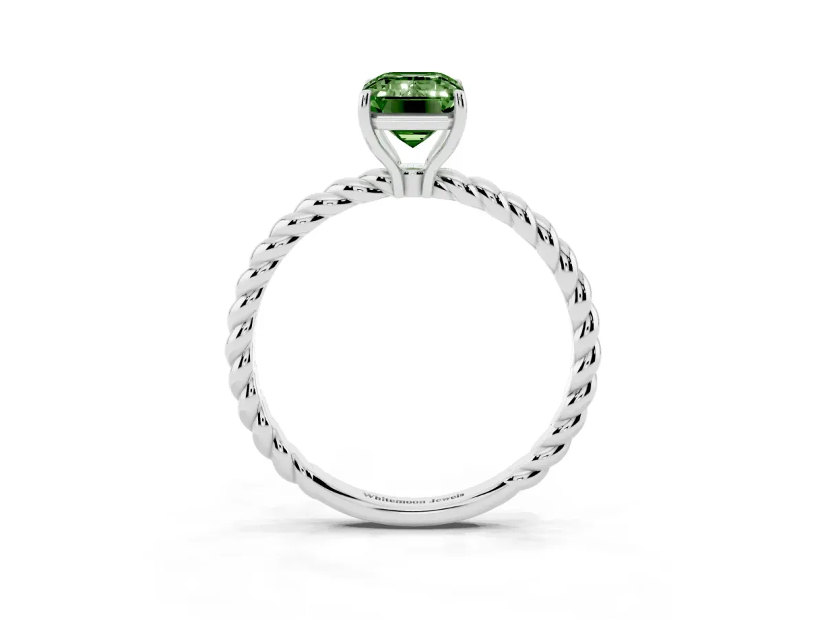 Fancy Green Emerald Cut Solitaire Twist Band Ring with Four-Prong Setting Platinum