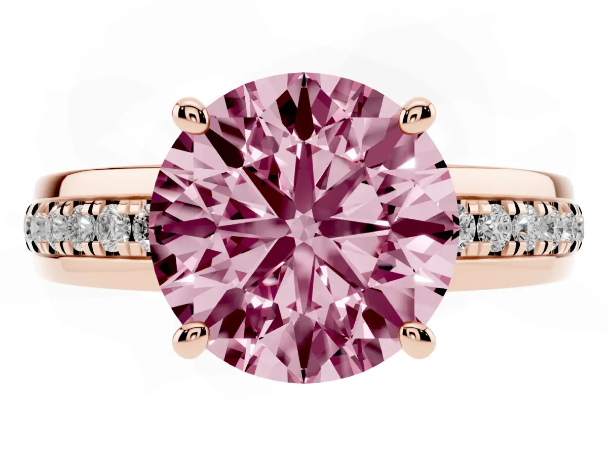 Fancy Pink Round Cut Solitaire Diamond Ring with Channel Set Band and Six-Prong Setting Rose gold