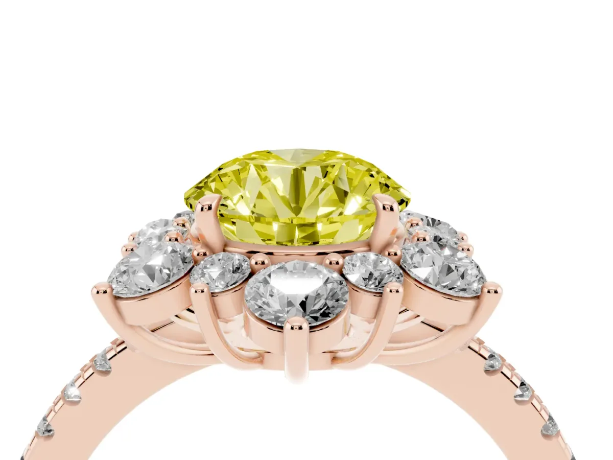 Fancy Yellow Round Cut Diamond Floral Halo Ring with Round Pavé Band and Prong Setting Rose gold