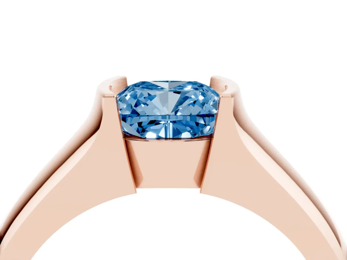 Fancy Blue Cushion Cut Solitaire Bezel Set Diamond Ring with Wide Band Rose gold