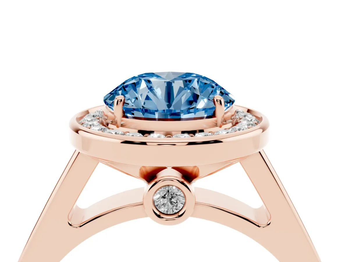 Fancy Blue Round Cut Halo Solitaire Diamond Ring with Pave Band and Bezel Setting Rose gold