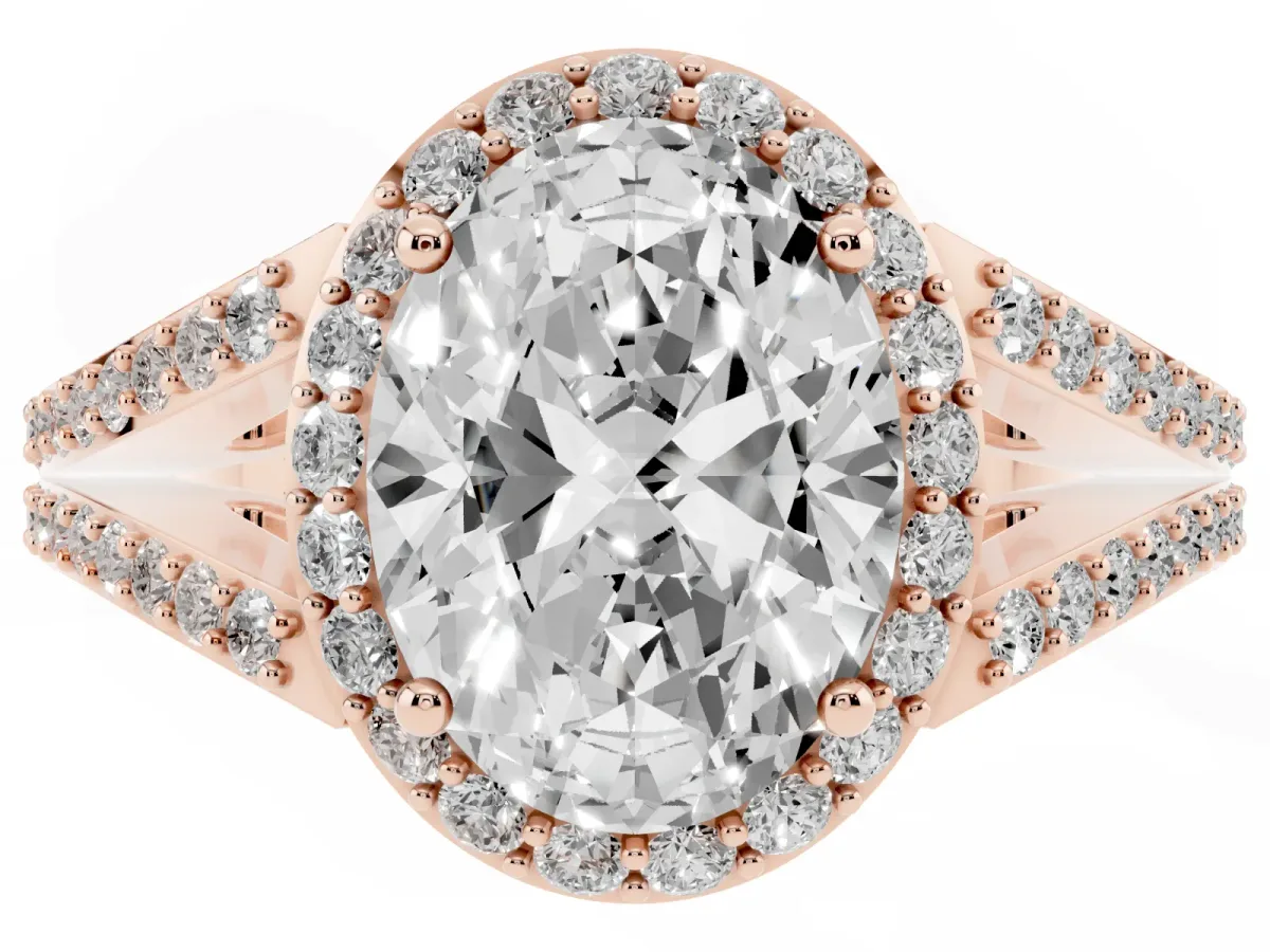Oval Cut Halo Split Shank Pave Diamond Ring with Four-Prong Setting Rose gold