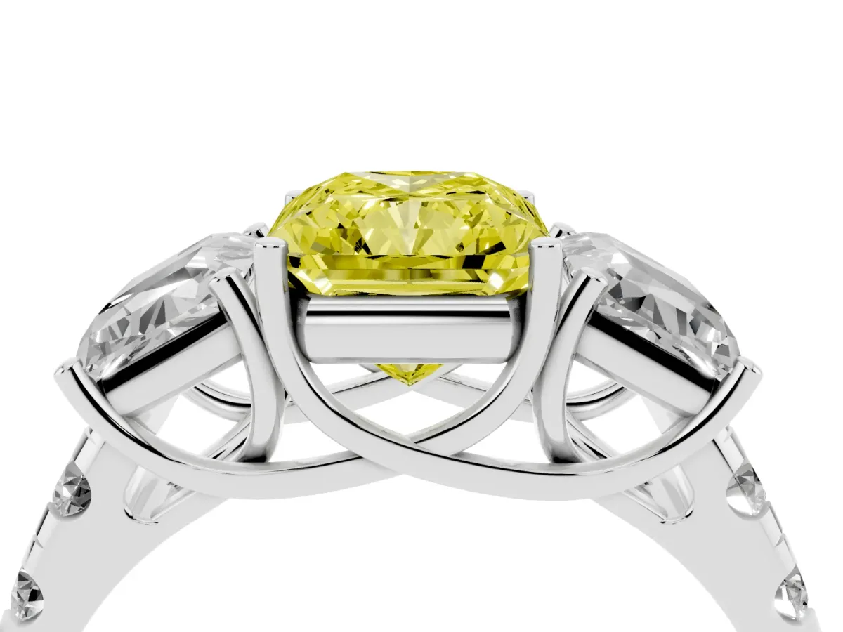 Fancy Yellow Three-Stone Radiant Cut Diamond Pavé Band with Prong Setting Silver