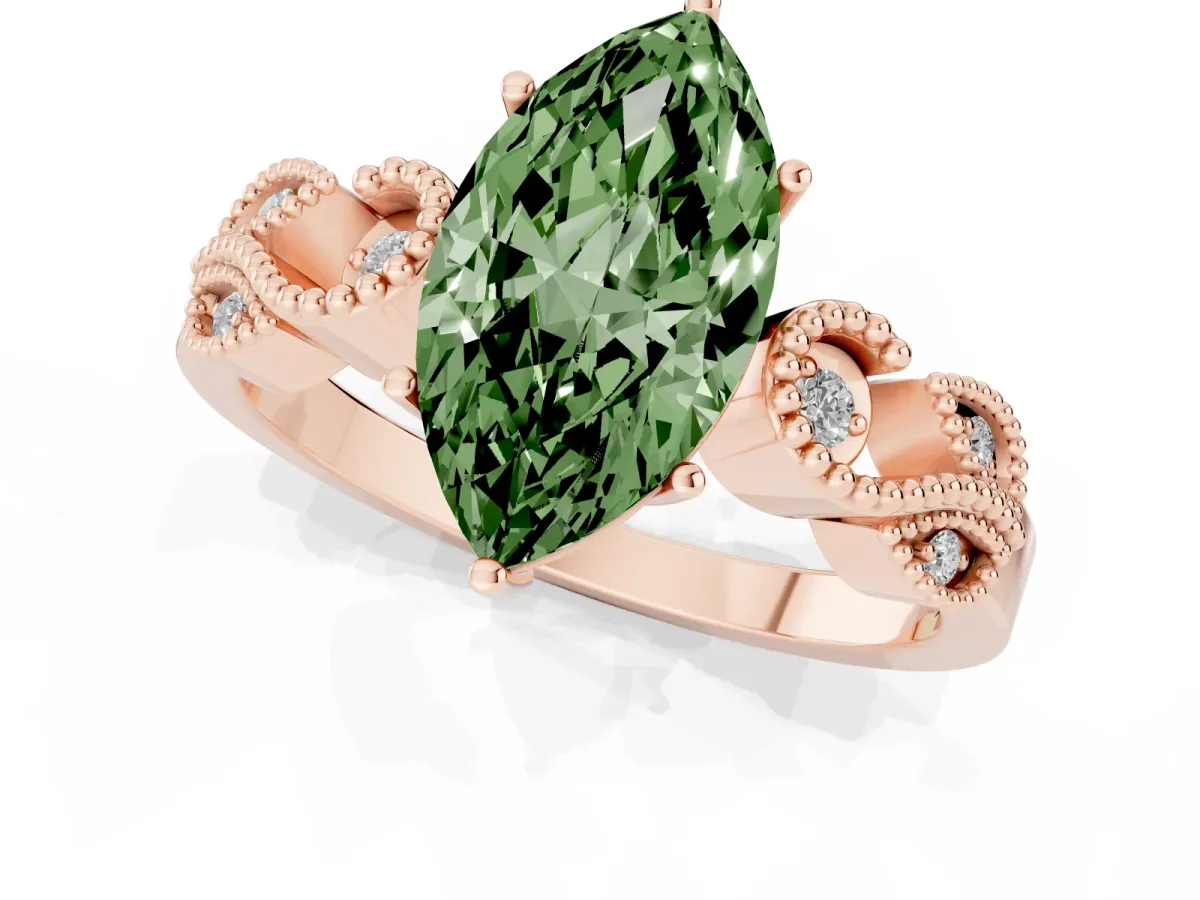 Fancy Green Marquise Cut Solitaire Milgrain Leaf Band with Prong Setting Rose gold