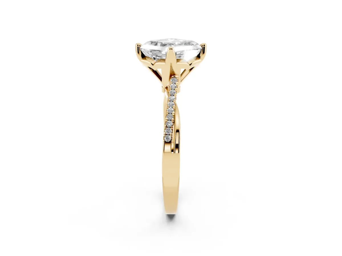 Asscher Cut Solitaire Twist Band with Pavé Diamonds and Four-Prong Setting Yellow gold
